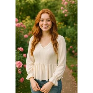 DEEROSE Peplum Top Ruffle Cuff Long‎ Sleeve Ribbed V Neck Blouse XL